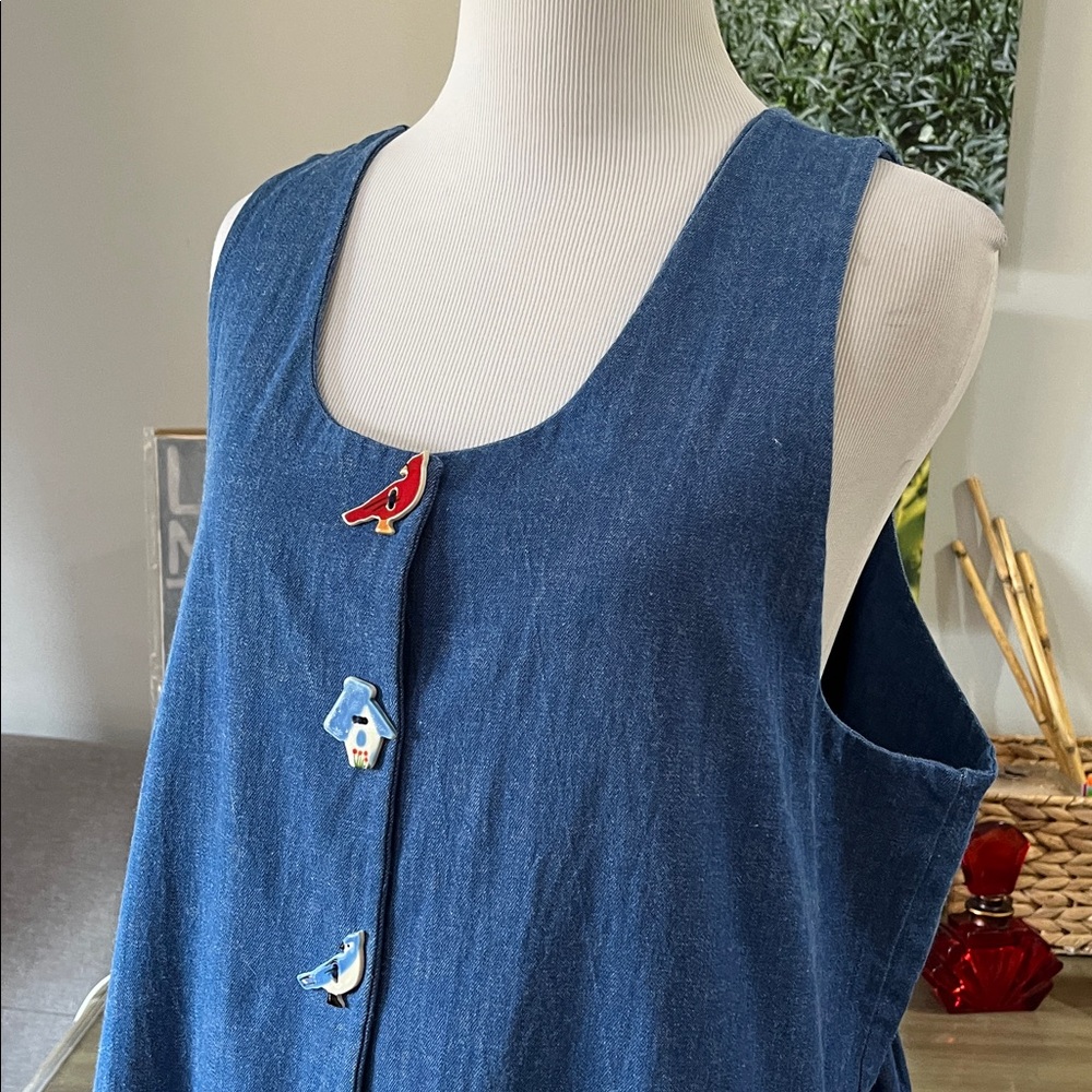 VINTAGE DOGWOOD LANE CHAMBRAY JUMPER DRESS WITH BIRD SHAPE BUTTONS BLUE SIZE L - Picture 4 of 13